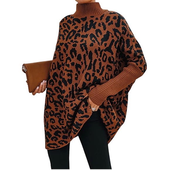 Sweaters - Women's Casual Turtleneck Sweaters Ribbed Long Batwing Sleeve Leopard